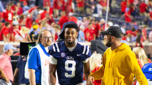 Tre Harris on the sideline last week for the Rebels against Georgia Tech.